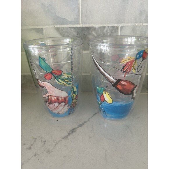 Set Of 2 Vintage 1993 Tumbler Fishing Cups Janice Veinman Artist - Picture 2 of 4